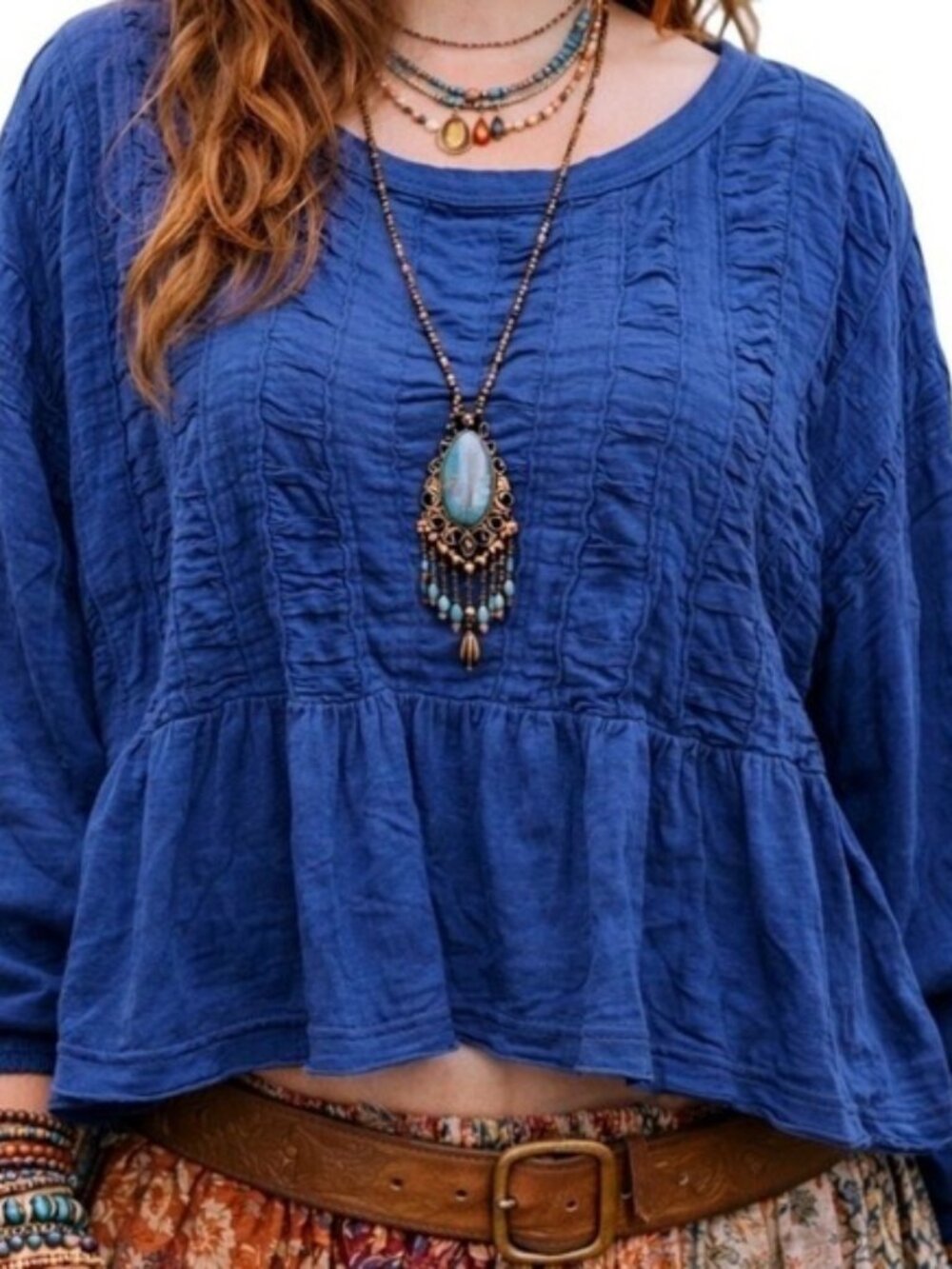 Anthropologie Pilcro XL 100% Cotton Blue Cropped Boho  Festival Peasant Top